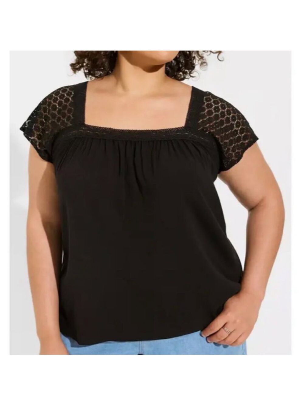 Torrid Black Square-Neck Lace Sleeve Women's Blouse
